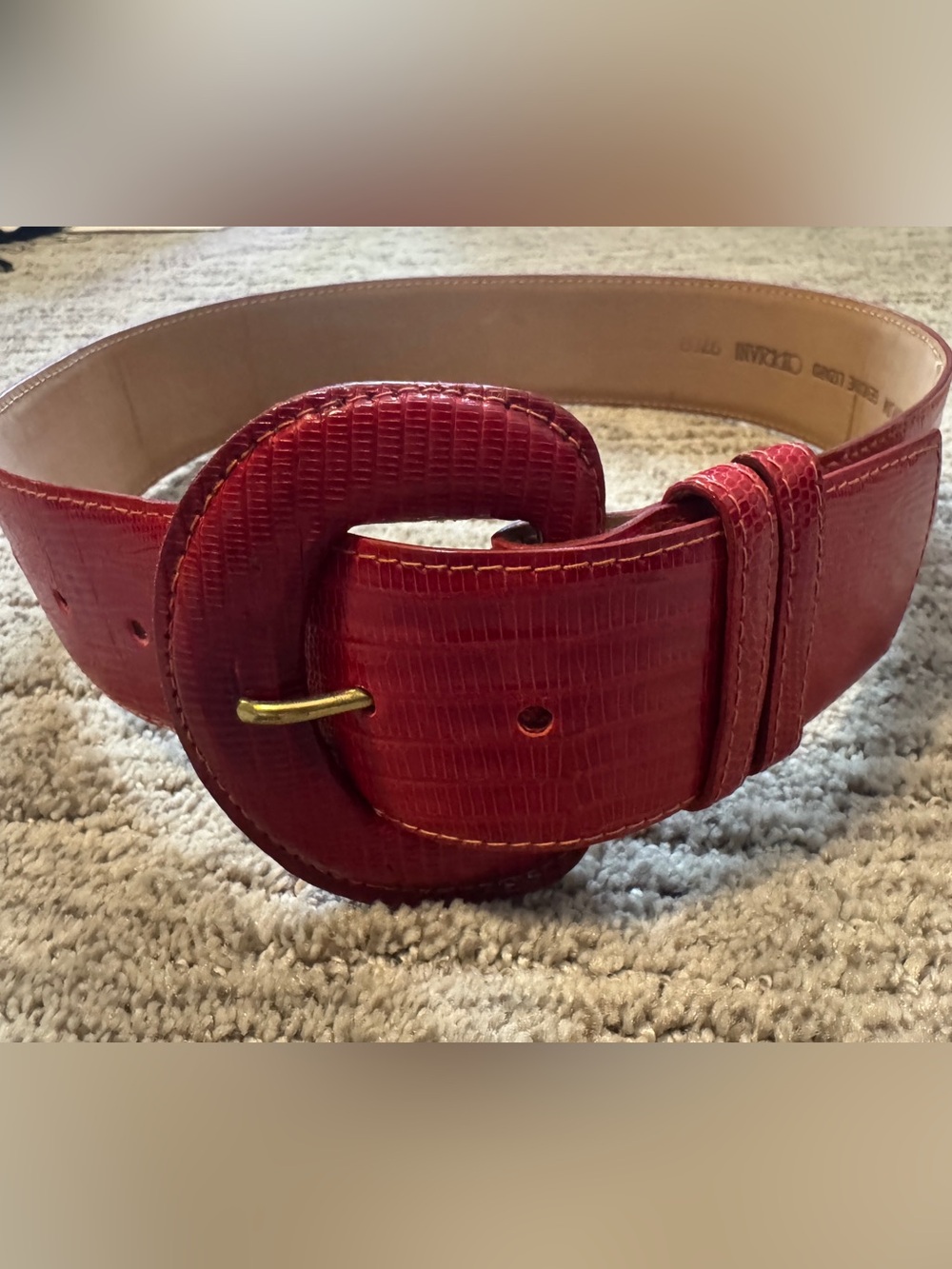 Cipriani Vintage 80s Red Lizard Leather Wide Belt with Gold Buckle S